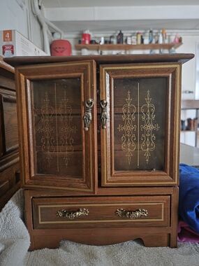 Vintage Wooden Jewelry Box with Glass Doors and Brass Accents